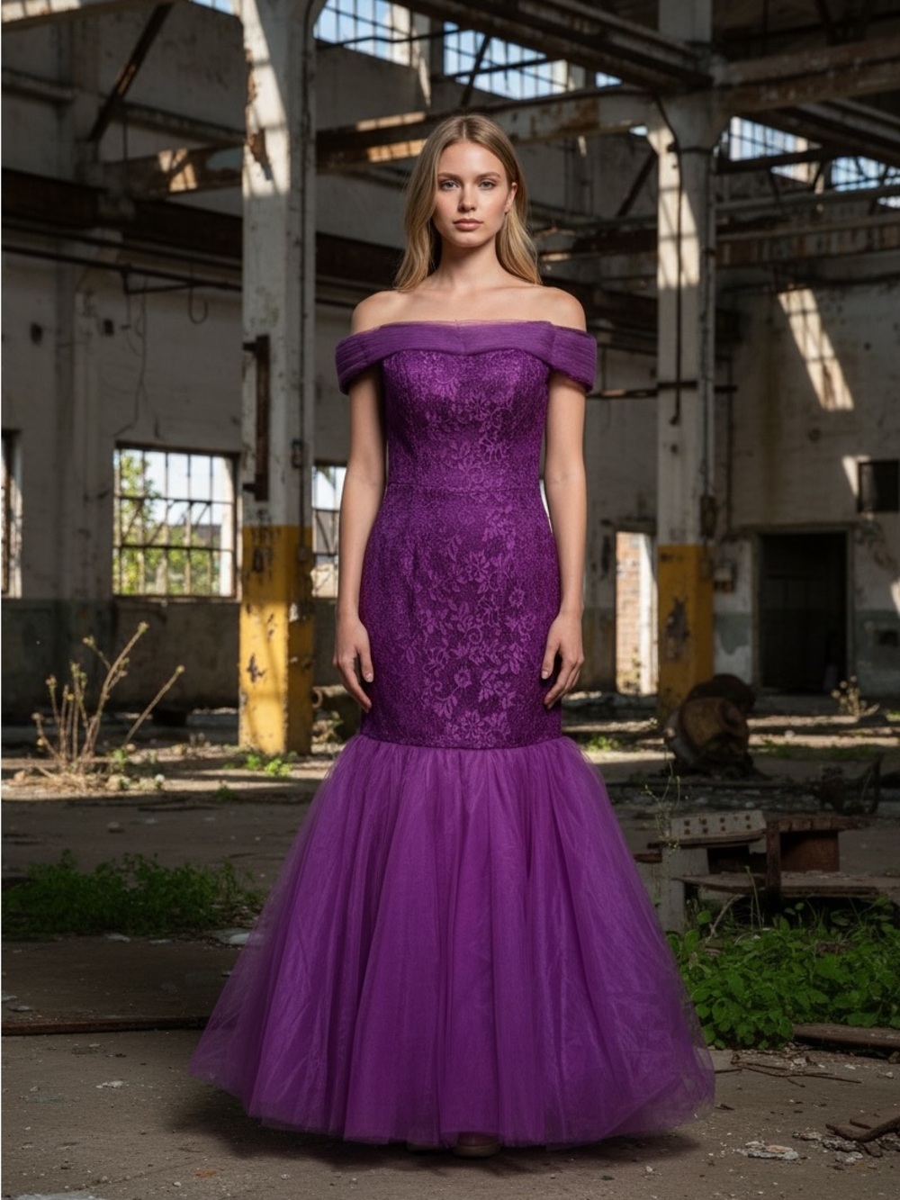 Purple Lace off the shoulder Gown